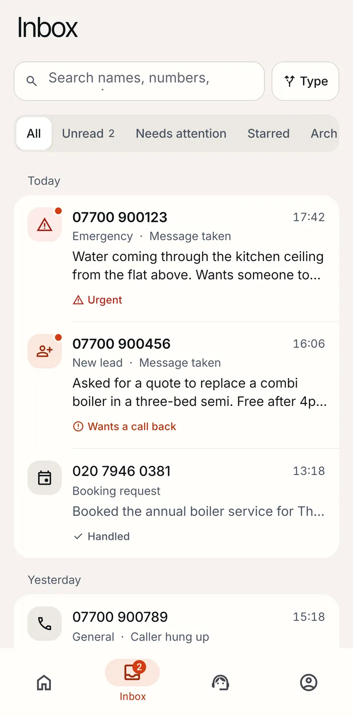 The Ringzel app's Inbox with sample calls: an urgent leak marked Urgent, a new lead who wants a call back, and a booking request already handled.