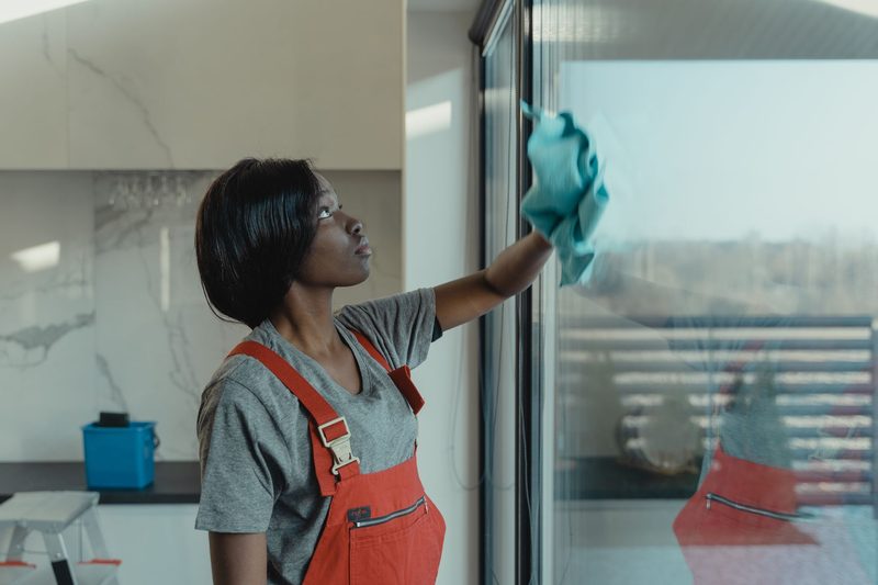 A cleaner wiping a large window