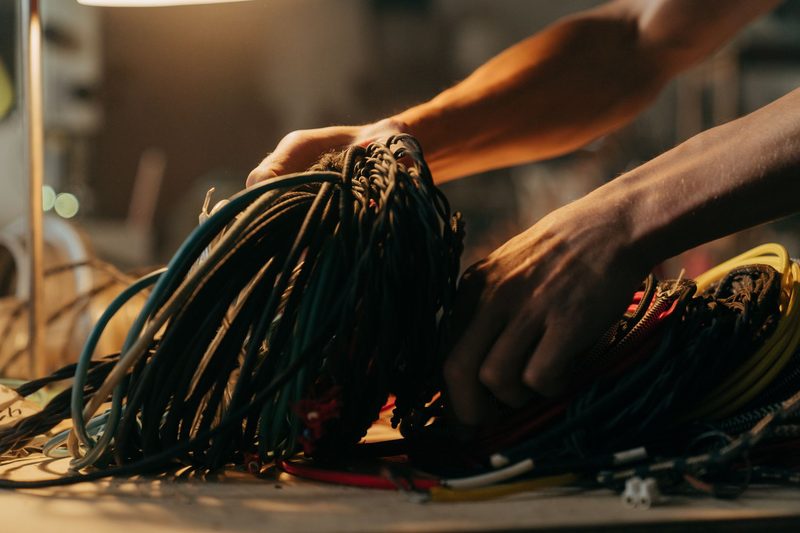 Hands sorting a bundle of cables