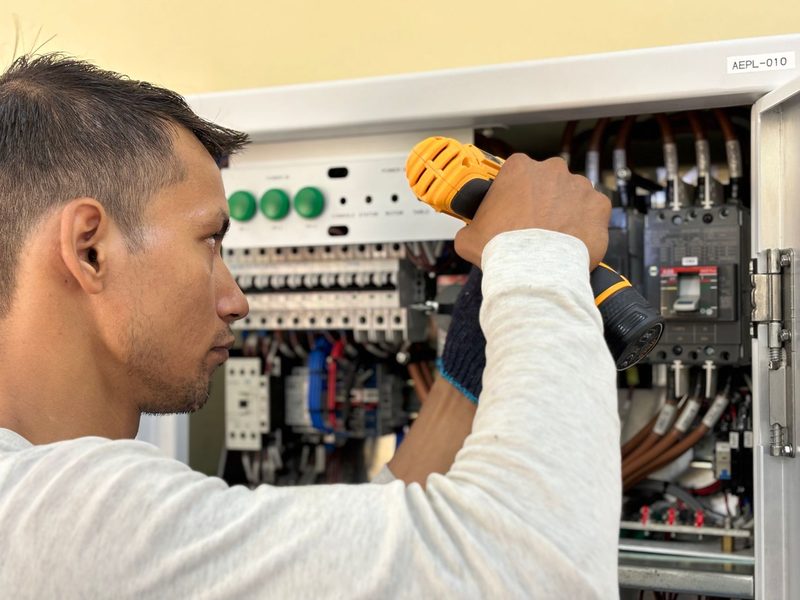 An electrician using a drill on a distribution board