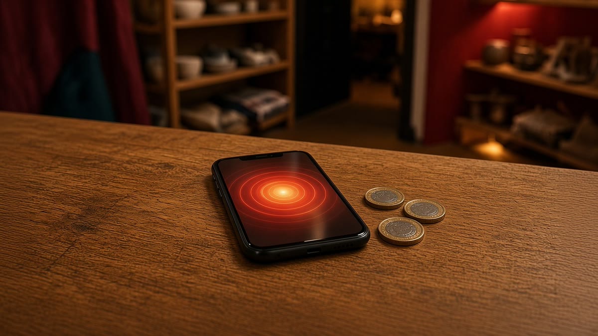 Smartphone ringing unanswered on an empty shop counter next to a few pound coins