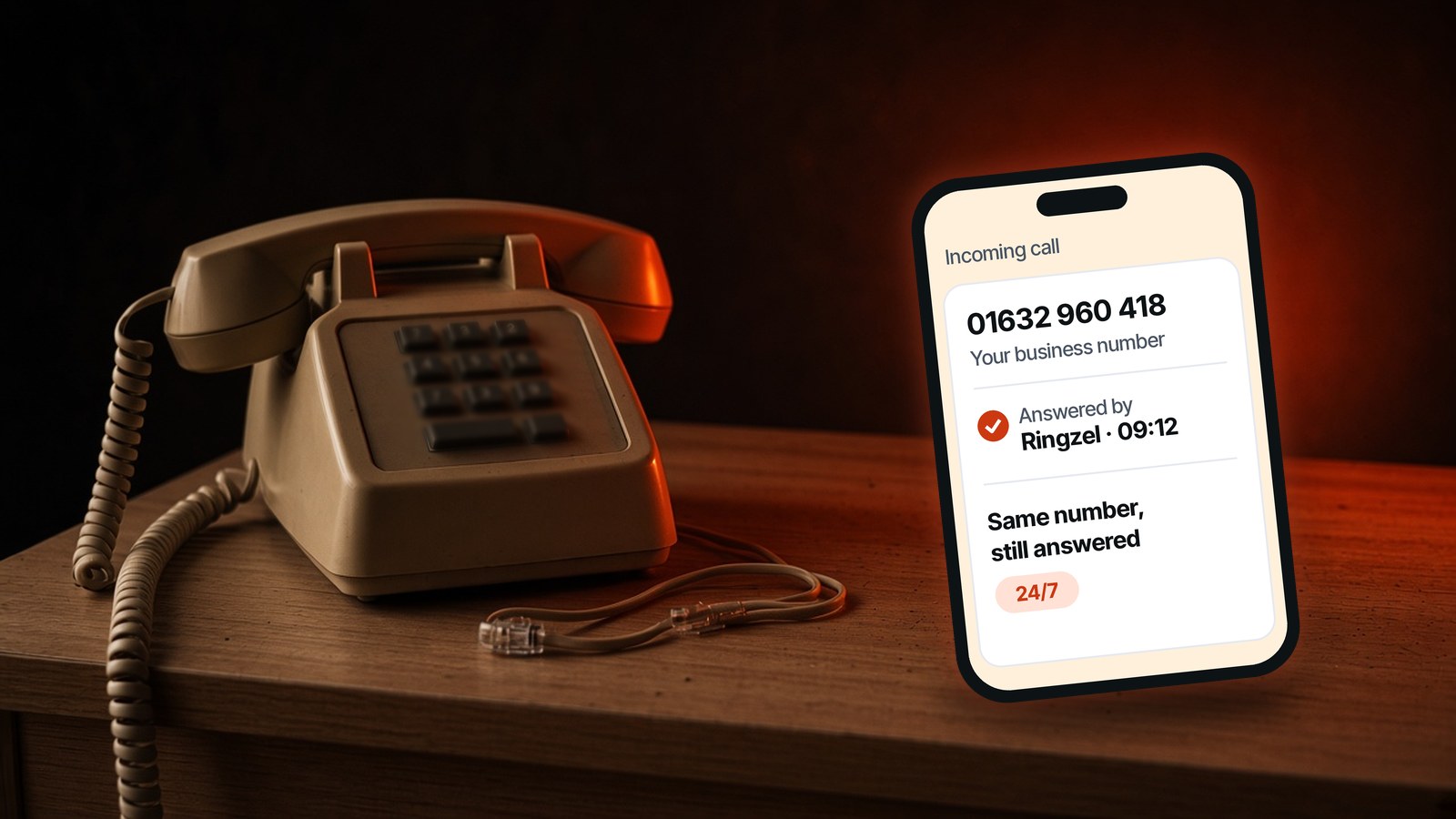 Unplugged office desk phone beside a smartphone showing a business call answered by Ringzel on the same number