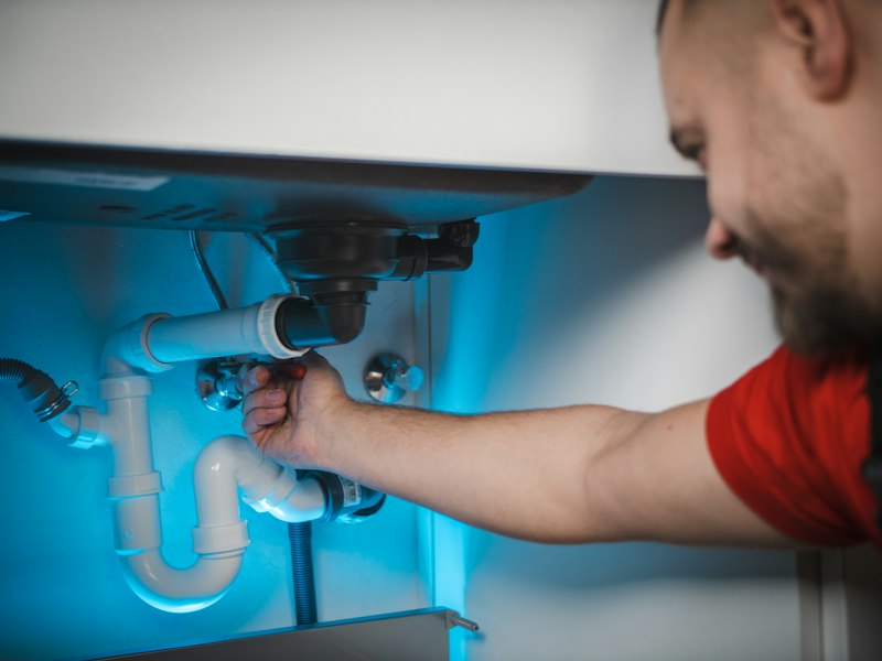A plumber working on a pipe under a sink